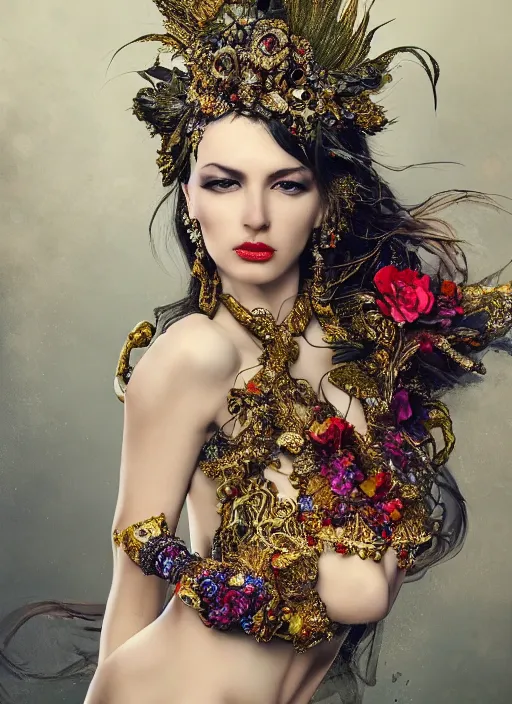 Prompt: expressive full body photo of a female model, ornate headpiece made from flowers, ornaments, glamour shot, by karol bak, by stefan gesell, photorealistic, canon r 3, fashion photography, hyper maximalist, elegant, ornate, luxury, elite, environmental portrait, symmetrical features, octane render, unreal engine, dark grey background, dramatic lights