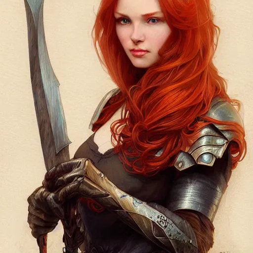 Prompt: portrait of a beautiful redhead female along with a Black knight , upper body, D&D, fantasy, intricate, elegant, highly detailed, digital painting, artstation, concept art, smooth, sharp focus, illustration, art by artgerm and greg rutkowski and alphonse mucha