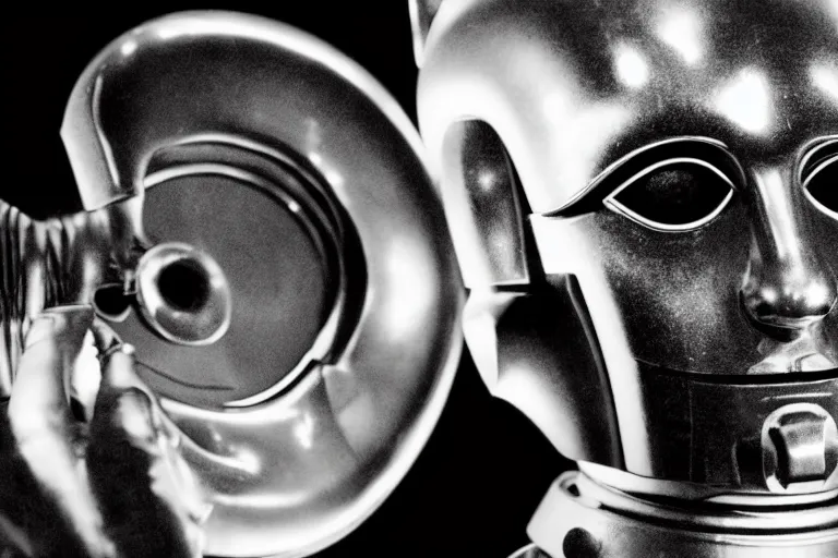 Prompt: a cinematic black and white image of c 3 p 0 looking at a human ear, a film by david lynch