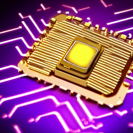 Image similar to magic golden computer chip with a glowing flat crystal in the center, product photo, macro, trending on artstation