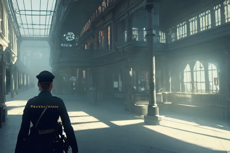 Prompt: first person point of view of a gunner on a victorian shopping mall, cinematic lightning, ray tracing, unreal engine 5, photorealistic, 8 k, uhd, 4 k, battlefield 6 game concept, extremely detailed, beautiful, elegant, intricate, foggy, in - game footage