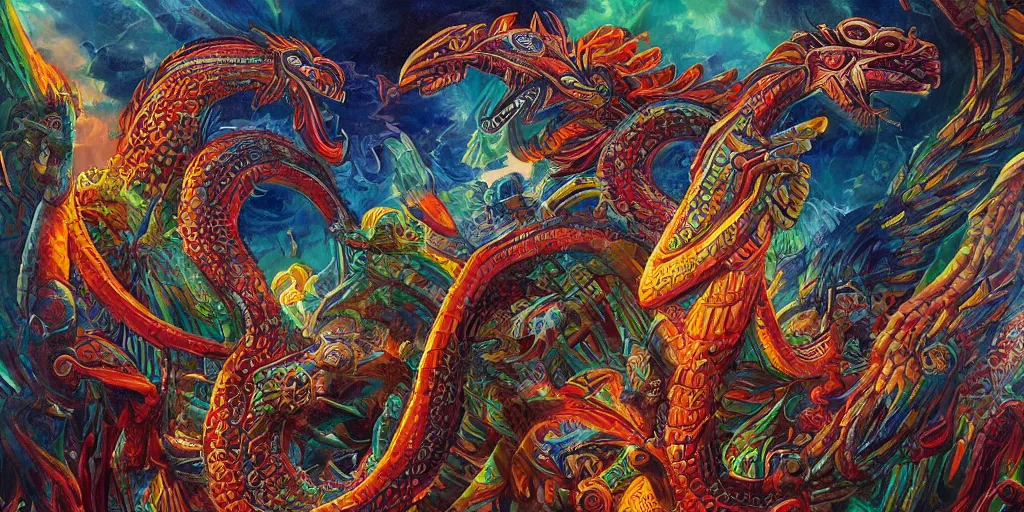 Image similar to Quetzalcoatl  the feathered serpent deity of ancient Mesoamerica by Liam Wong and Boris Vallejo