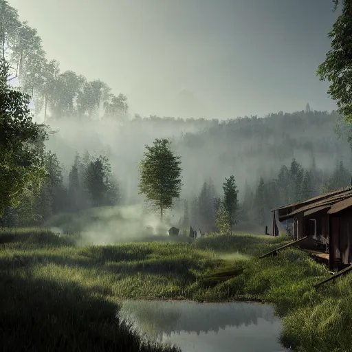 Image similar to ecovillage designed by olson kundig, day time, grand mountains and forest in the distance, farm and gardens, streams, white mist, sun in the sky, Cinematic, environment concept art, ethereal, ultra detailed, unreal engine style, cinematic light, trending in artstation, highly detailed, epic scene