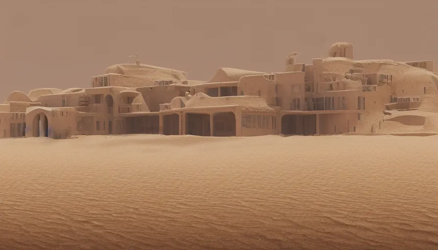 Prompt: white house under tons of sand, sandstorm, sand dunes, hyperdetailed, artstation, cgsociety, 8 k