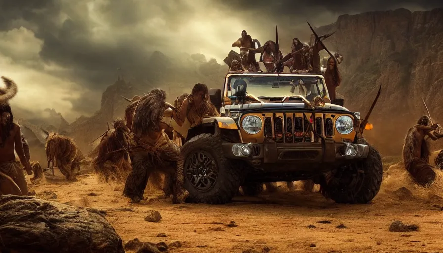 Image similar to Mahindra thar, tribe members attacking, action scene, an epic fantasy, dramatic lighting, cinematic, establishing shot, extremely high detail, photorealistic, cinematic lighting, artstation, by christopher nolan, horizon forbidden west