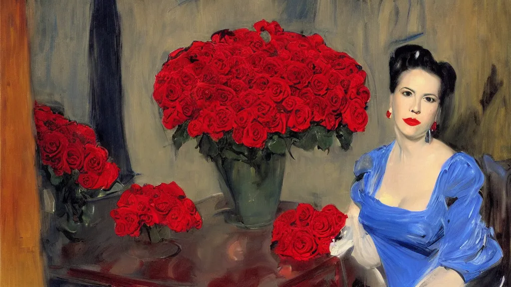 Prompt: portrait of rebekah delrio in mulholland drive, big persian detailed pot of red roses, blue and red lights painted by john singer sargent