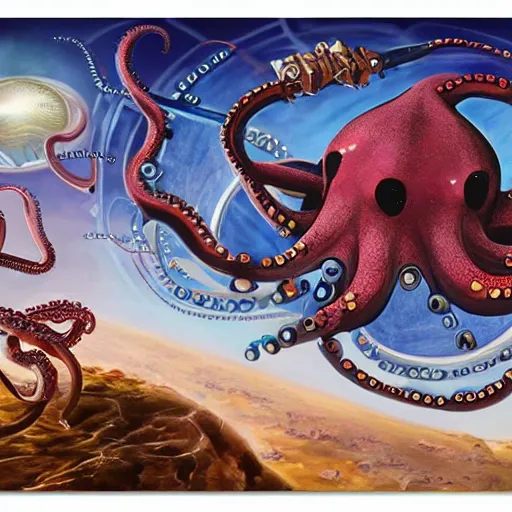 Prompt: steve harvey cyborg octopus, conquering earth, epic battle scene, 8 k, mystical fantasy painting