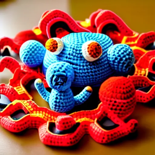 Prompt: a crochet octopus that is eating sushi, crochet octopus eating sushi, photo realistic, indoor lighting