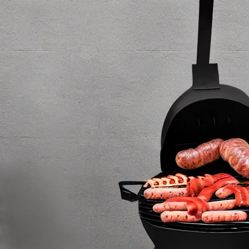 Image similar to a charcoal grill with sausages in the style of surrealist painter Salvador dali