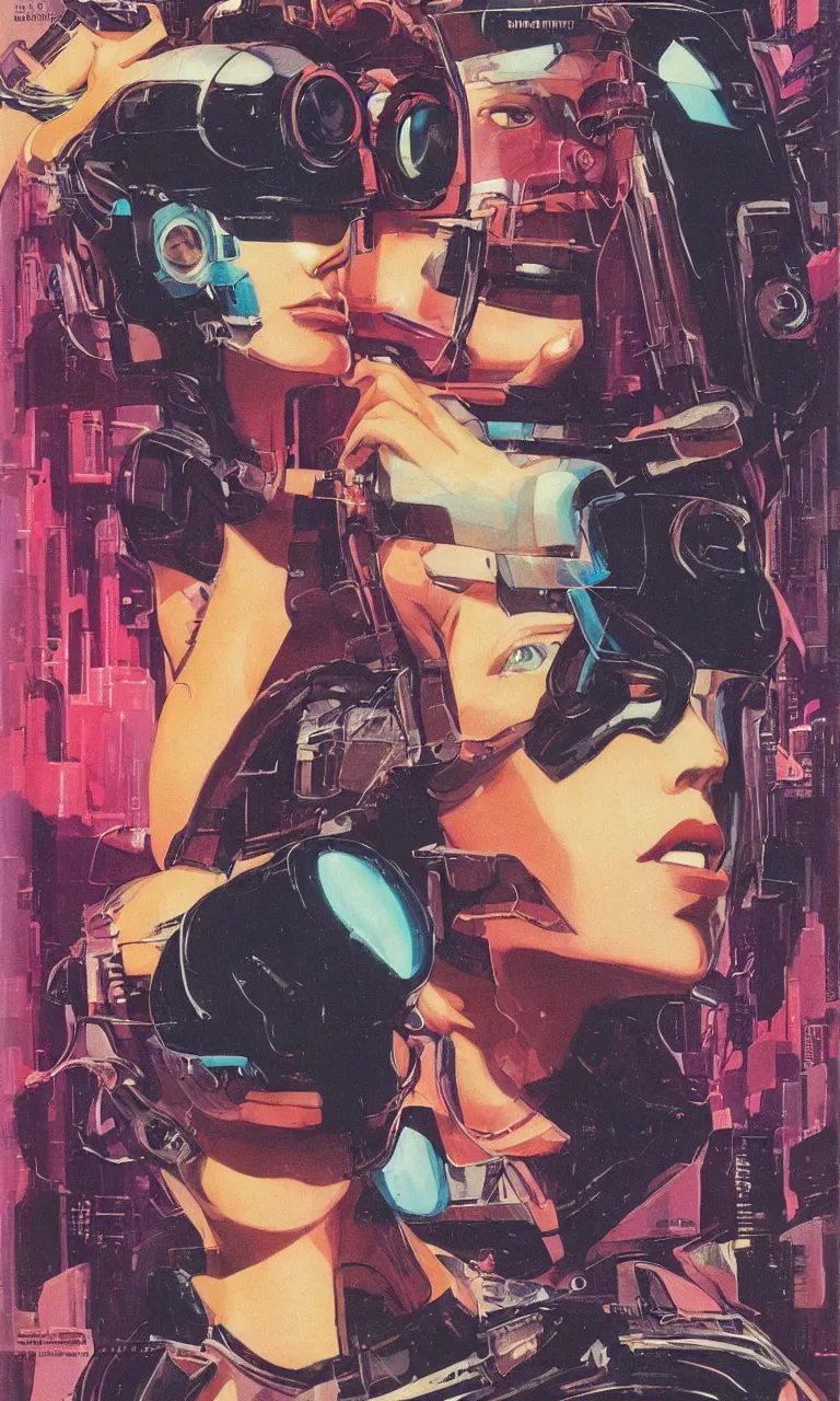 Image similar to 1979 OMNI Magazine Cover depicting a portrait of a Beautiful woman wearing AR goggles, Cyberpunk Akira style by Vincent Di Fate