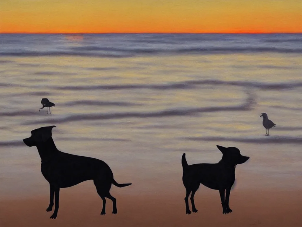 Image similar to hyperrealism a black dog in a brown hat and looking at a seagull, sitting on the beach, sunset