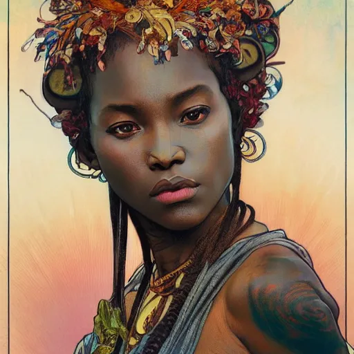 Prompt: fiercely compassionate african - american bodhisattva, portrait illustration by greg rutkowski and alphonse mucha and carne griffiths
