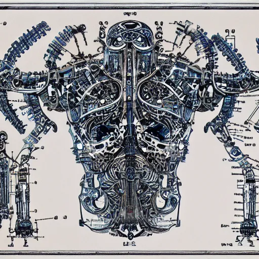 Image similar to schematic blueprint of highly detailed ornate filigreed convoluted ornamented elaborate cybernetic medical equipment, art by da vinci