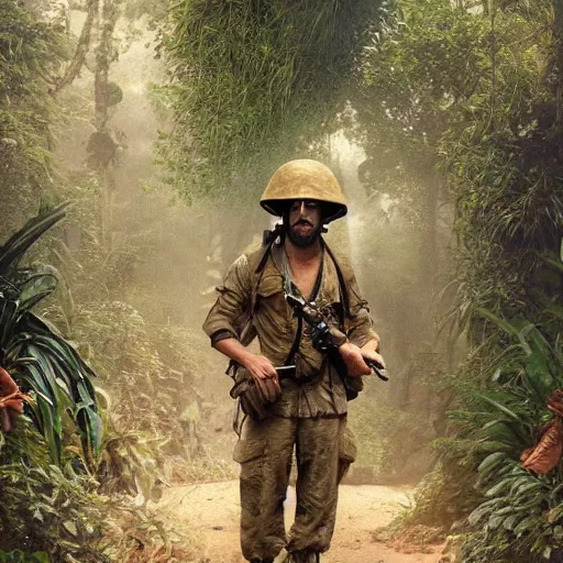 Prompt: an extremely detailed matte painting of a ridiculously good looking mimi mathy that looks like a jewish gigachad in the vietnam war, wearing a ballistic helmet from patton, long curly hair, camouflaged gear, very detailed, jungles of vietnam beautiful, intricate, cinematic, artstation, william bouguereau, alphonse mucha, greg rutkowski, stanley kubrick, octane render