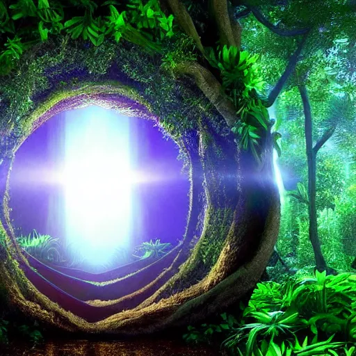 Image similar to stargate portal full of water bursting to another dimension inside a beautiful tree in a densely overgrown jungle, fantasy, dreamlike sunrise volumetric lighting, ultra realistic, atmospheric, stopped in time, epic