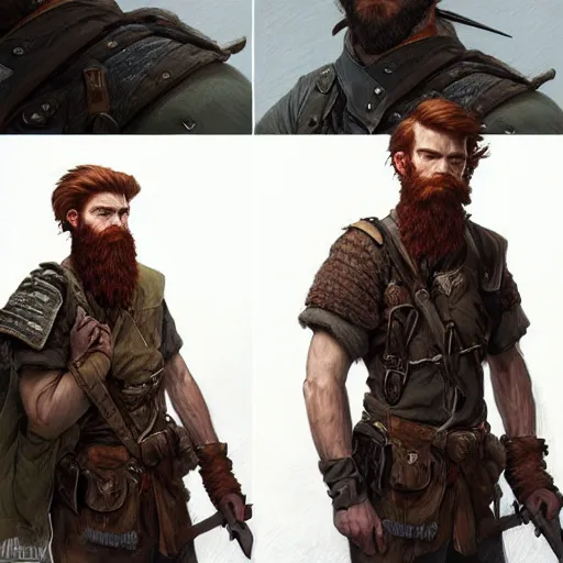 Prompt: portrait of a rugged ranger trainee, 19 years old, beard, male, masculine, upper body, red hair, long hair, soft hair, D&D, fantasy, intricate, elegant, highly detailed, digital painting, artstation, concept art, matte, sharp focus, illustration, art by Artgerm and Greg Rutkowski and Alphonse Mucha