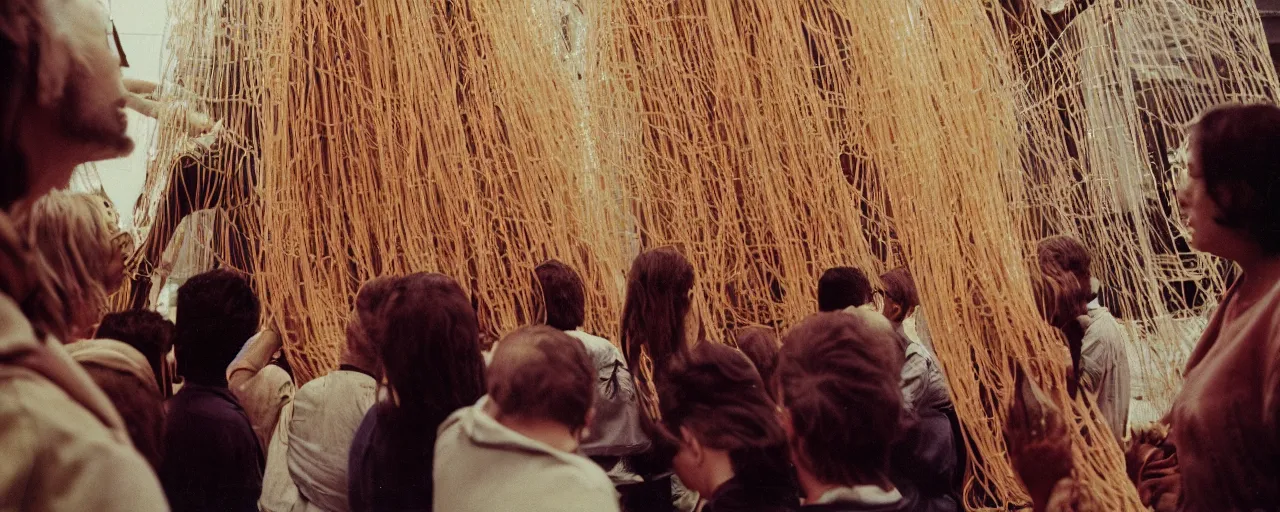 Image similar to a group of people praying to a giant spaghetti deity, canon 5 0 mm, cinematic lighting, photography, retro, film, kodachrome