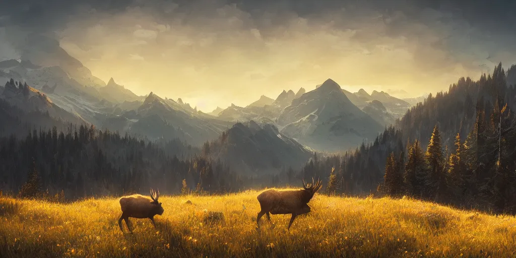 Prompt: first light, mountains, meadow, wildflowers, hear of elk, clouds, dramatic lighting, sunrise, by greg rutkowski and jeffrey smith, trending on artstation