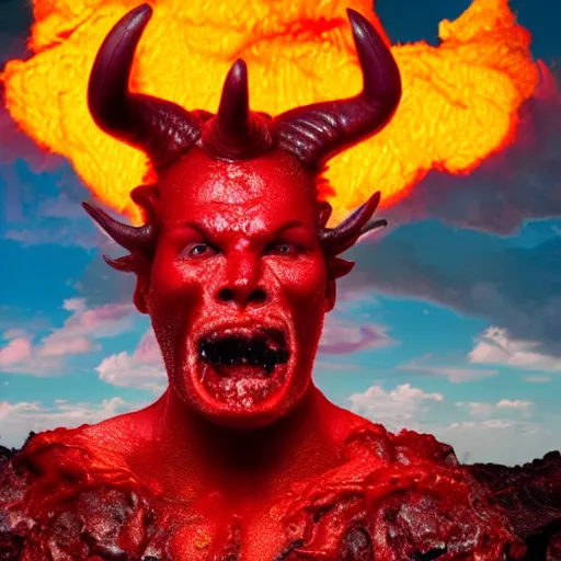 Image similar to a devilish red monster with horns licking hot lava emerging from boiling rough fiery lava seas, close - up portrait photo by david lachapelle, masterpiece, trending on flickr