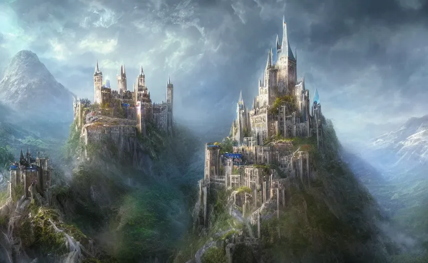 Prompt: beautiful secret city of the elves gondolin on top of a mountain, magical gloomy mystical, under attack. by konstantin razumov, fractal flame, chiaroscuro, highly detailded, mech robot futuristic