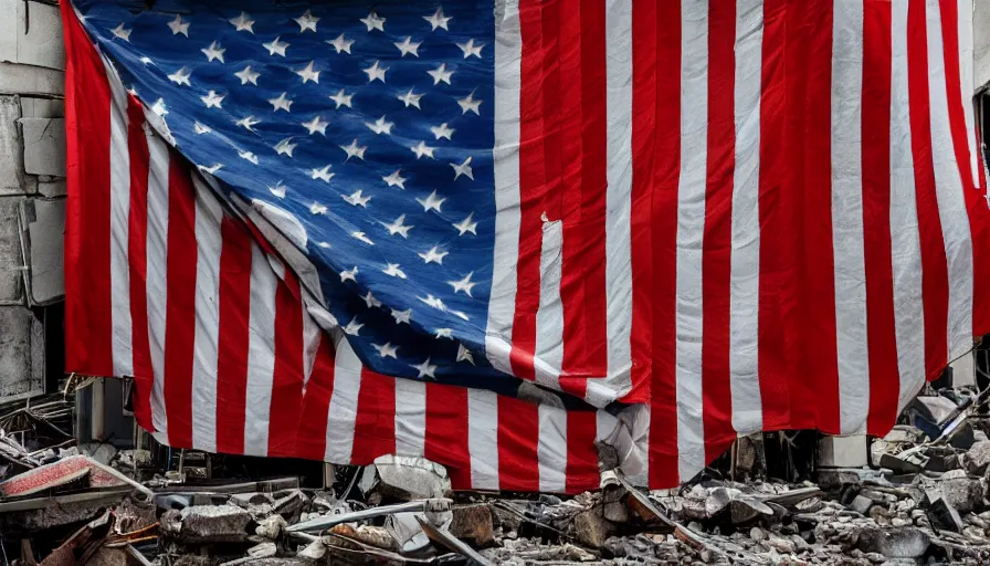 Image similar to american flag hanging on the remains of a building in destroyed washington dc, hyperdetailed, artstation, cgsociety, 8 k