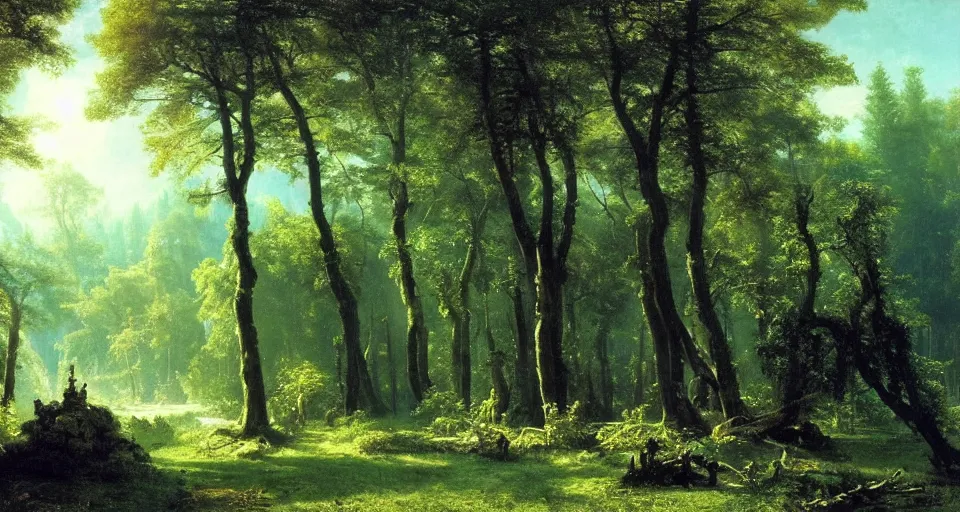 Image similar to Enchanted and magic forest, by Albert Bierstadt,