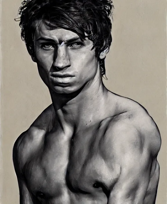 Image similar to portrait of a handsome young spanish wrestler, art by denys tsiperko and bogdan rezunenko, hyperrealism