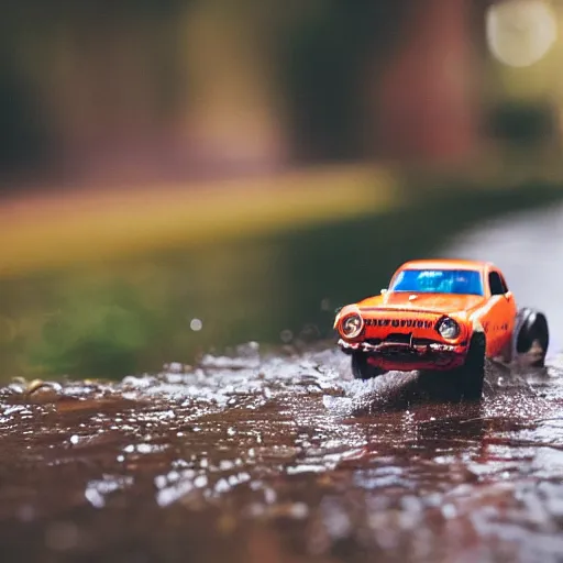 Image similar to macro photography of a toy hot wheels car driving through a creek in the rain, 3 5 mm