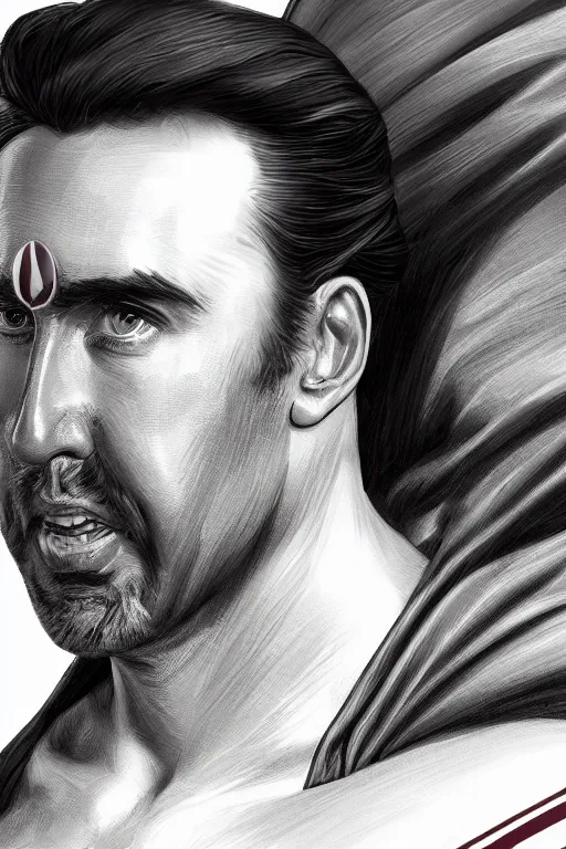 Prompt: Nicolas Cage as superman, dark cinematic lighting, intricate, elegant, highly detailed, digital painting, artstation, painted by Artgerm and Mark Waid