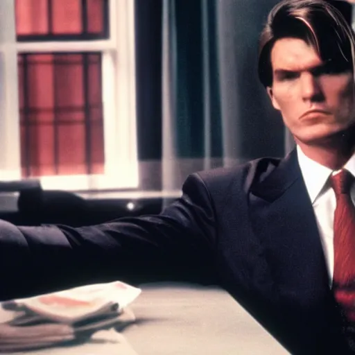 Image similar to Viktor Yushchenko as the American Psycho, cinematic still