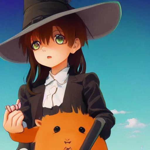 Image similar to full body portrait character concept art, anime key visual of a little witch with her capybara mascot, fine - face, audrey plaza, realistic shaded perfect face, fine details. anime. very strong realistic shaded lighting poster by ilya kuvshinov katsuhiro otomo ghost, magali villeneuve, artgerm, jeremy lipkin and michael garmash and rob rey