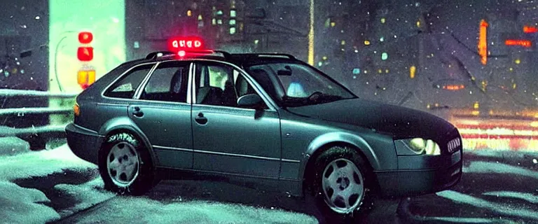 Image similar to Audi A4 B6 Avant (2002), a gritty neo-noir, simon stalenhag, Max Payne (PC) (2001) winter new york at night, dramatic bright lighting, cinematic, establishing shot, extremely high detail, photorealistic, cinematic lighting, artstation, by simon stalenhag, dark night, bright lights, eldritch horror, dark blue filter