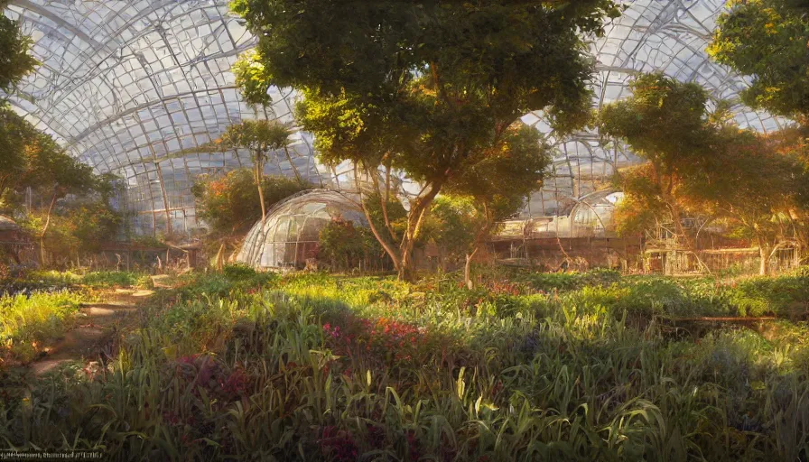 Image similar to craig mullins and ghibli digital illustration of the interior of the largest biodome in the world, fields of crops, farms, colorful, unreal engine, hyper realism, realistic shading, cinematic composition, realistic render, octane render, detailed textures, photorealistic, wide shot,