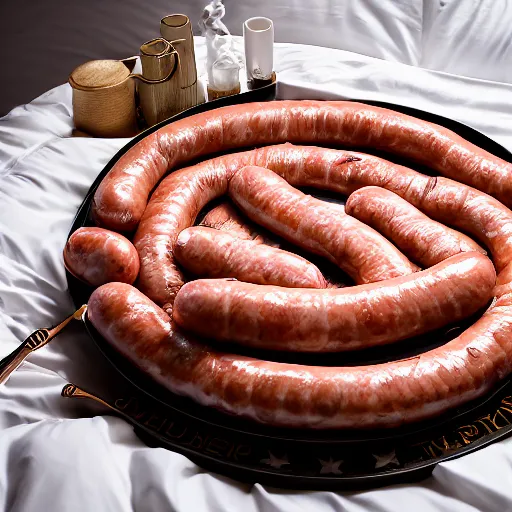 Prompt: Donald Trump in a bed covered in sausages, Canon EOS R3, f/1.4, ISO 200, 1/160s, 8K, RAW, unedited, symmetrical balance, in-frame