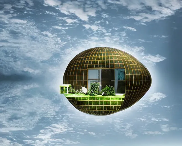 Image similar to futuristic innovation. modular dome house. there is a city on a cloud. floating over the city. mycelial