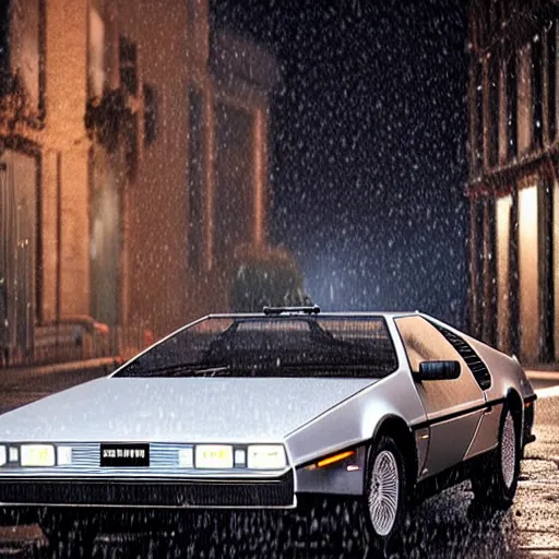 Image similar to hyperdetailed, photorealistic photograph of a dmc 1 2 delorean driving in the streets, rain, night, dense fog, hd, unreal engine 5