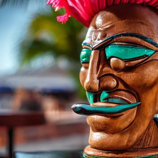 Image similar to a closeup photorealistic photograph of smiling salvador dali at trader vic's bar sitting next to a trader vic's style tiki mug featuring the face of salvador dali. tiki culture. bright scene. 4 k hd image that's trending on artstation, featured on behance, well rendered, extra crisp, features epic composition and the style of unreal engine.