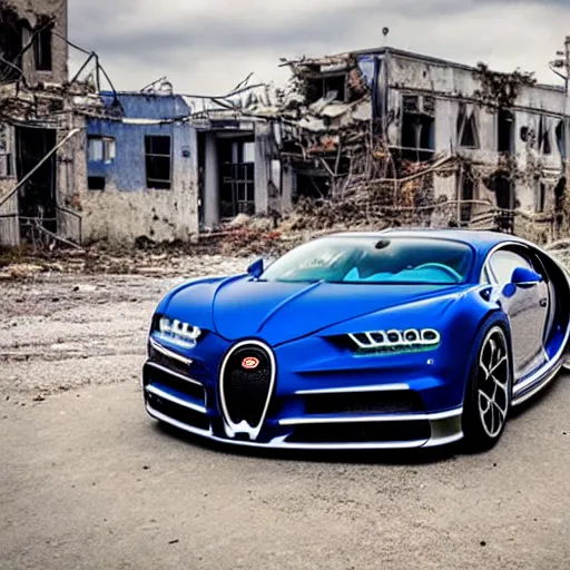 Prompt: an abandoned bugatti chiron in a post - apocalyptic city