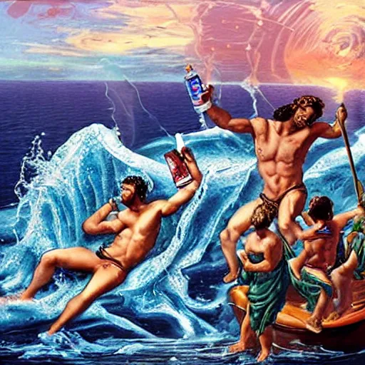 Prompt: poseidon cracking open a cold one with the boys