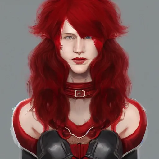 Image similar to head and shoulders, a red haired, red eyed woman, red elf on on her shoulder, dark leather armor by ingrit lima and june jenssen, artstation, behance