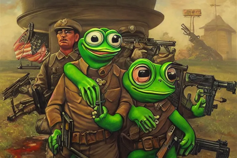 portrait of pepe the frog and josef stalin with guns | Stable Diffusion ...