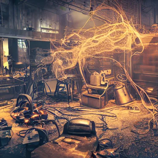 Image similar to smoothie blender, tangles of metallic cables, dark messy smoke - filled cluttered workshop, dark, dramatic lighting, orange tint, sparks, plasma charges, cinematic, highly detailed, sci - fi, futuristic, movie still