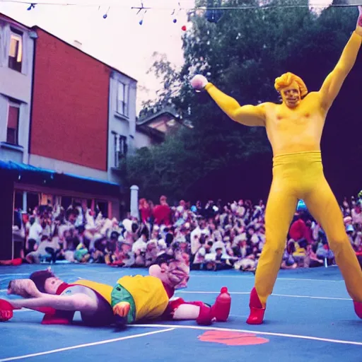 Image similar to Ronald McDonald vs Kurger Bing backyard wrestling, 35mm film