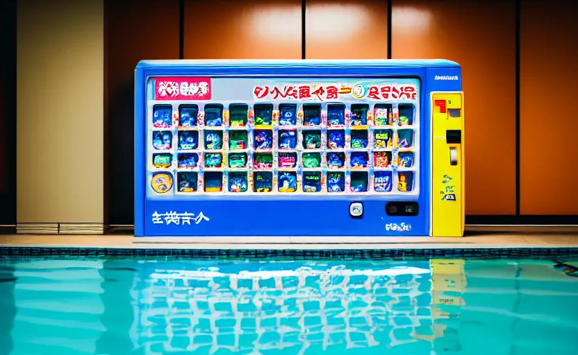 Image similar to photograph of Japanese vending machine submerged in a public pool, one point perspective, 1-point perspective, tilt shift, sigma 85mm f/1.4, 4k, depth of field, high resolution, 4k, 8k, hd, full color