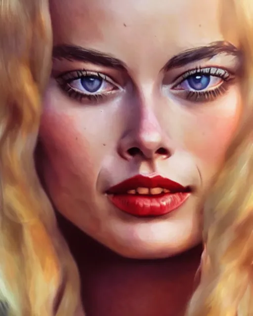 Image similar to Full view realistic portrait of actress margot robbie, detailed and realistic, soft lighting, intricate details, realistic, full view, Artstation, CGsociety