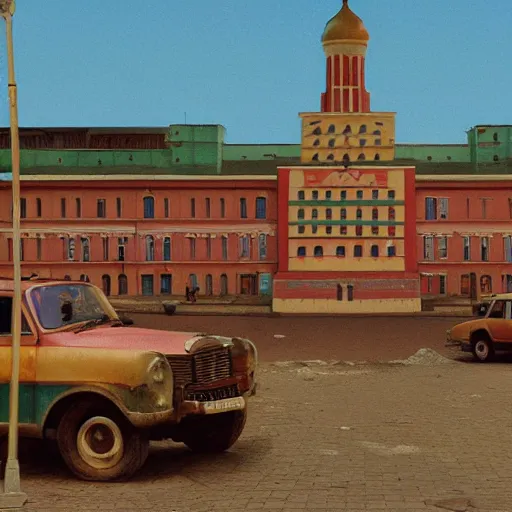 Prompt: a matte painting of soviet small town in steppes by wes Anderson