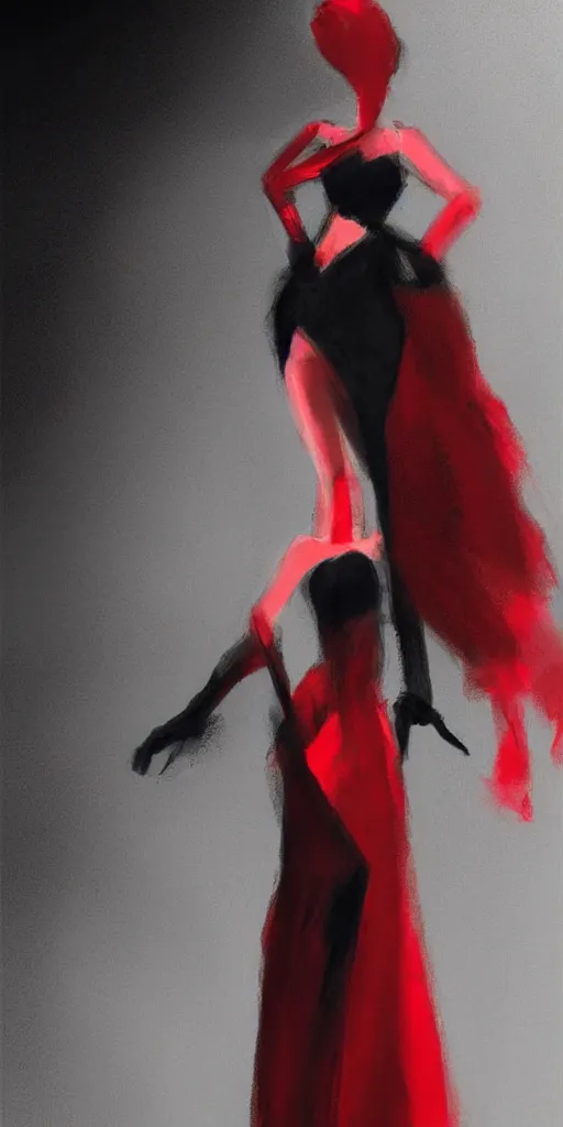 Prompt: sensual crimson and absolute black concept art of a woman in a dress dancing, black background, patrick westwood style, red series, benjamin conalin style, artstation trending, high detail, soft light, black background
