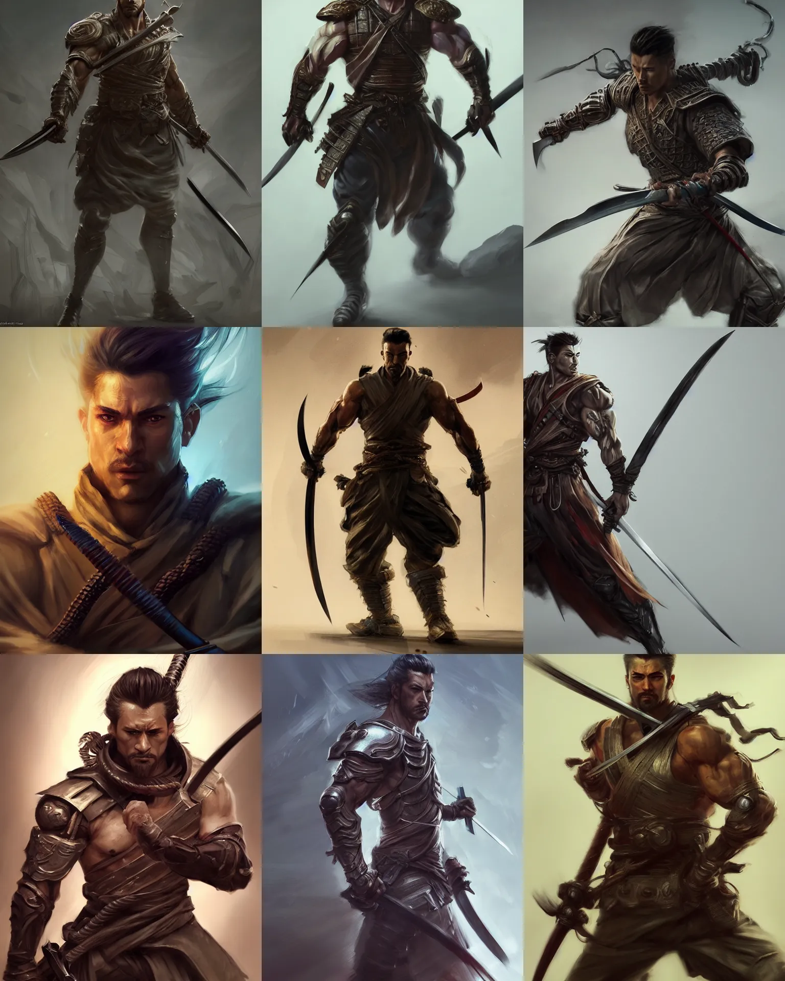 Prompt: full length portrait of a handsome and muscular ronin, square masculine facial features, short messy hair, wielding a katana, by wlop and peter mohrbacher, dramatic action pose, extremely detailed shading, concept art, digital painting, trending on artstation, unreal engine 5, octane render, atmosphere, glow, cinematic lighting, full of color