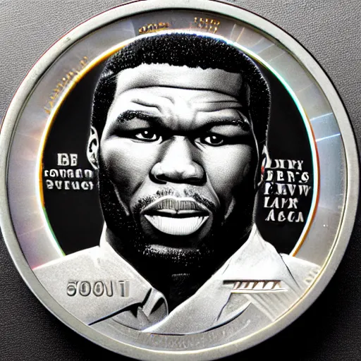 Prompt: a photograph of a 5 0 cent coin depicting rapper 5 0 cent