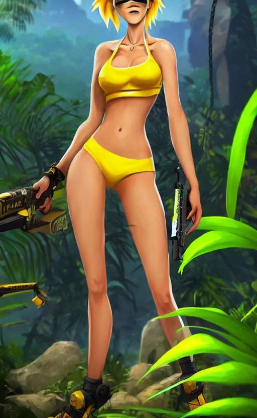 Image similar to tracer game character, in yellow bikini, blonde hair, black eyes, hands free, against the background of the jungle full height